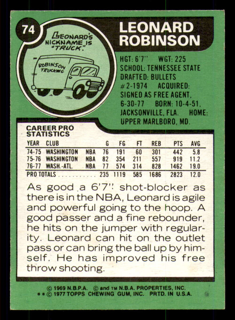 1977-78 Topps # 74 Leonard Robinson Near Mint  ID: 306603