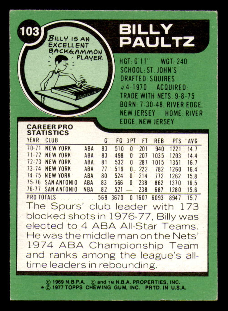 1977-78 Topps #103 Billy Paultz Ex-Mint  ID: 306688