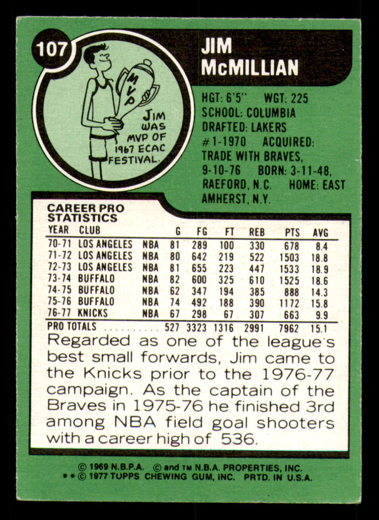 1977-78 Topps #107 Jim McMillian Ex-Mint  ID: 306900