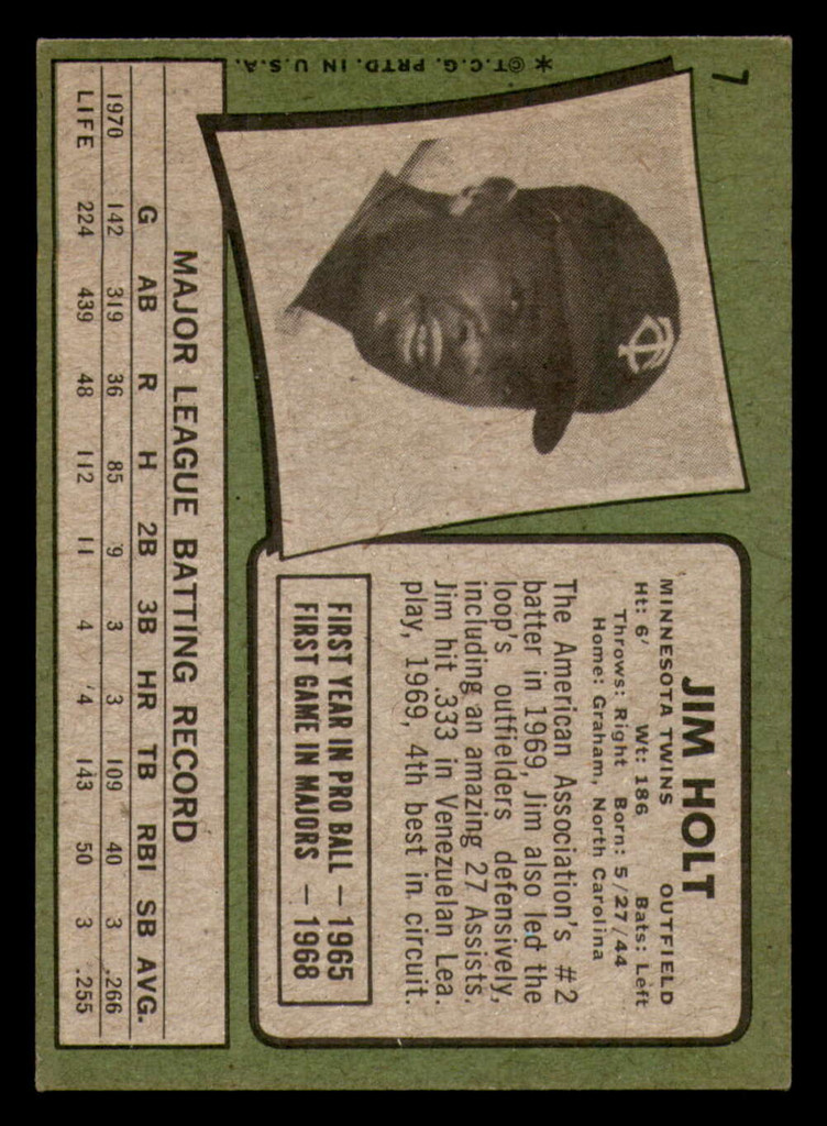 1971 Topps #   7 Jim Holt Ex-Mint RC Rookie  ID: 307058