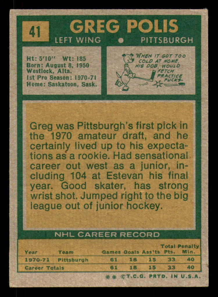 1971-72 Topps # 41 Greg Polis Excellent+ RC Rookie 