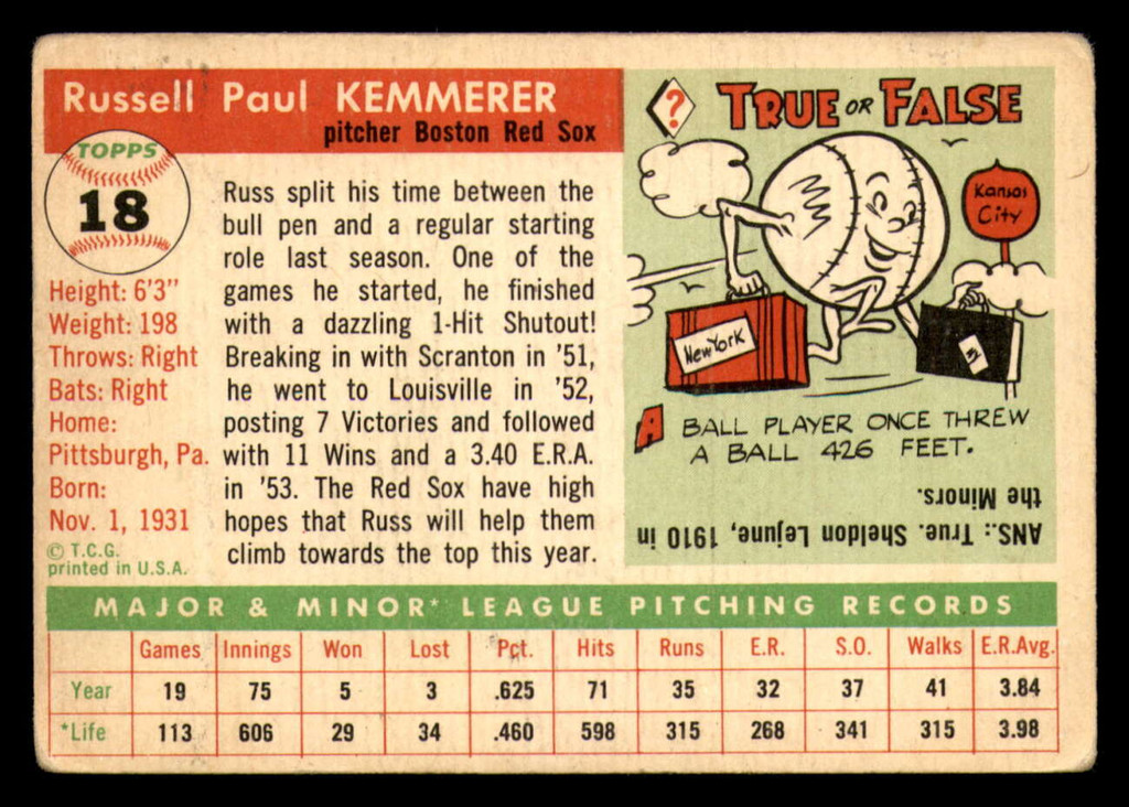 1955 Topps #18 Russ Kemmerer Very Good RC Rookie Red Sox    ID:308567