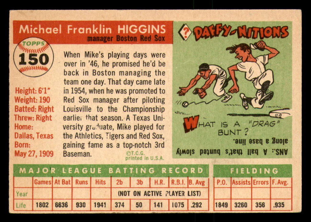 1955 Topps #150 Mike Higgins MG Very Good Red Sox MG    ID:308598