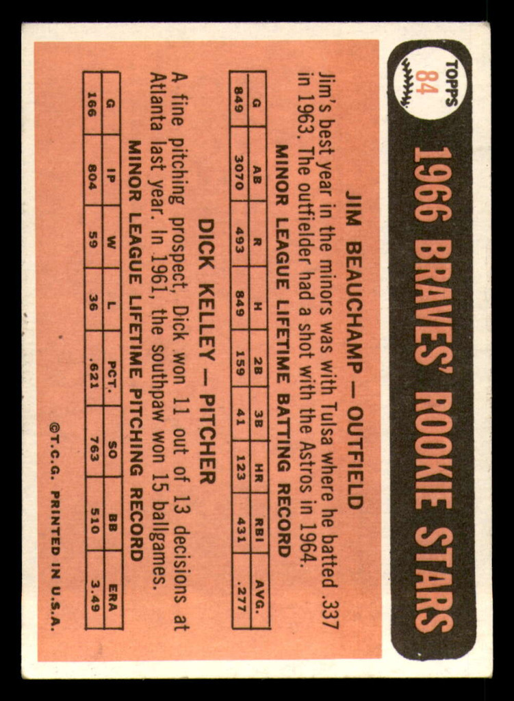 1966 Topps #84 Jim Beauchamp/Dick Kelley Braves Rookies Excellent+ RC  ID:310059