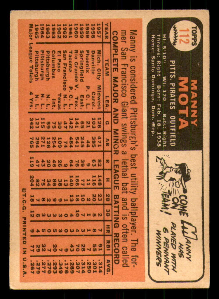 1966 Topps #112 Manny Mota Very Good Pirates  ID:310137
