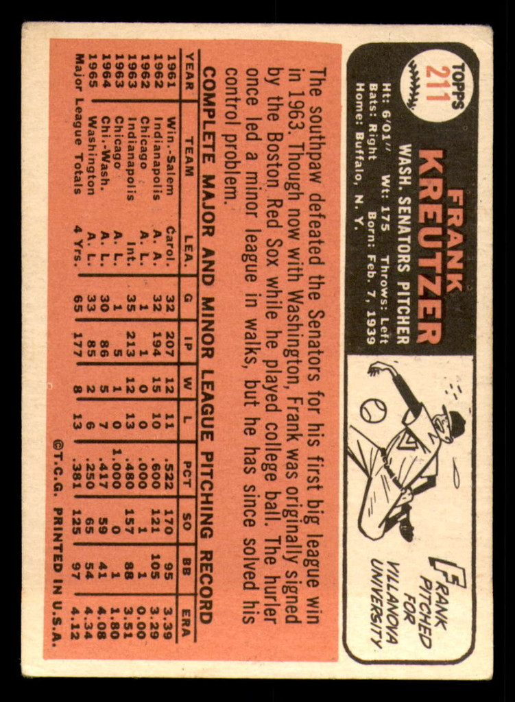 1966 Topps #211 Frank Kreutzer Very Good Senators    ID:310421