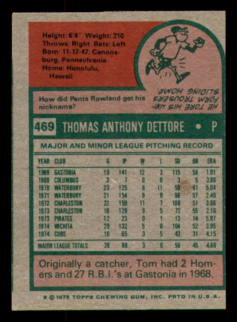 1975 Topps Mini #469 Tom Dettore Ex-Mint RC Rookie Cubs  ID:311873