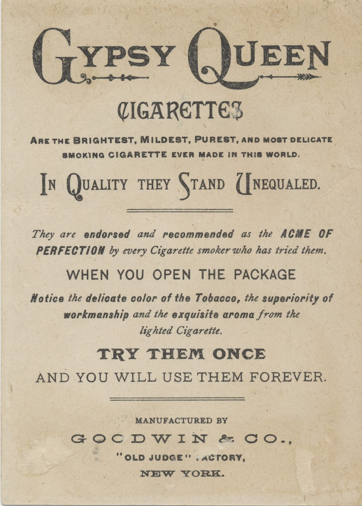 1890's Gypsy Queen Cigarettes 4 by 6 Inches  #*