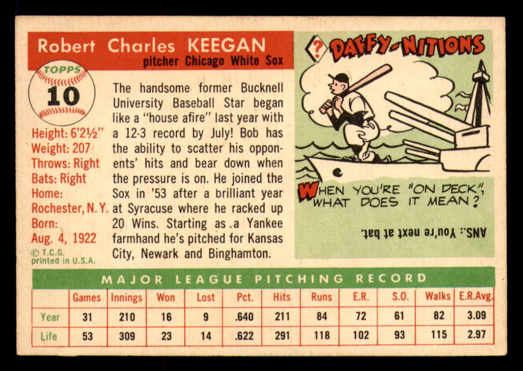 1955 Topps #10 Bob Keegan UER Excellent+ White Sox UER   ID:312149