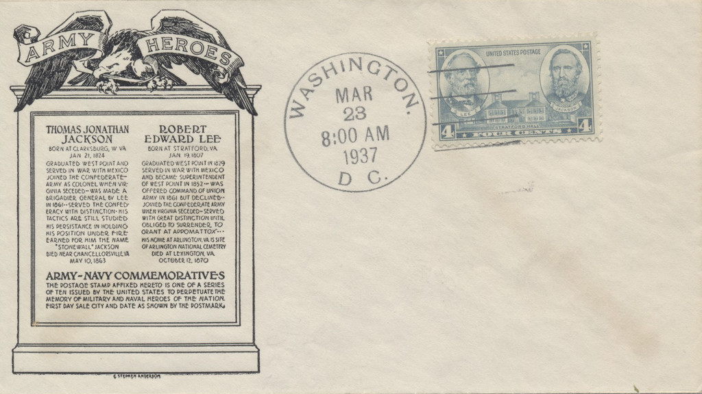 1937 First Day Cover Army Heroes General Robert E. Lee & General Thomas J. Jackson  #*