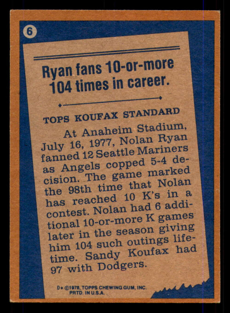 1978 Topps #6 Nolan Ryan RB Excellent+ Angels RB   ID:314010