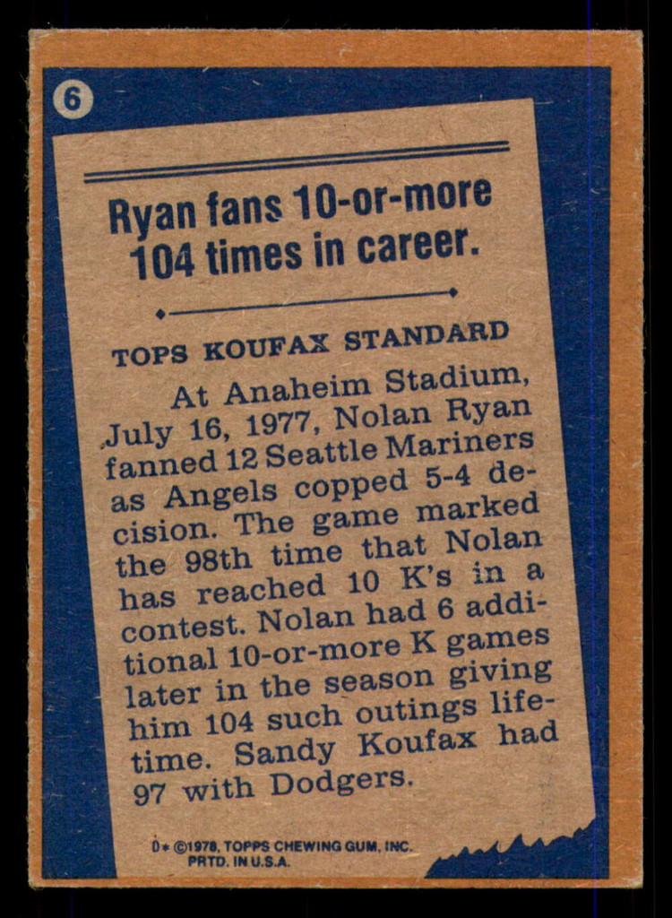 1978 Topps #6 Nolan Ryan RB Excellent+ Angels RB   ID:314011