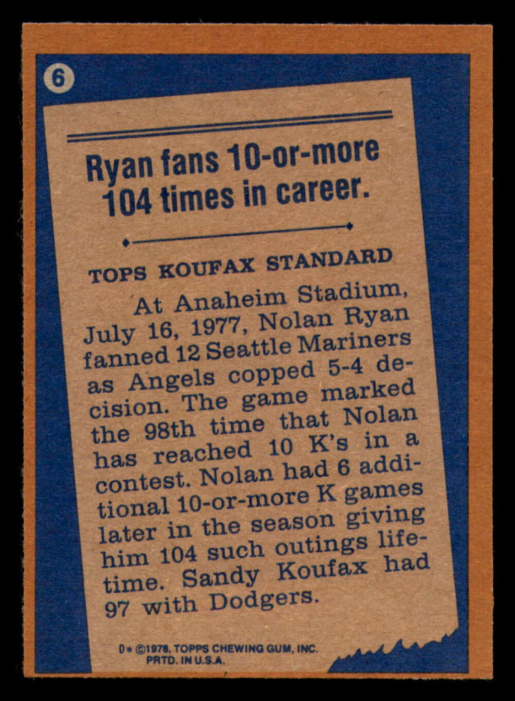 1978 Topps #6 Nolan Ryan RB Near Mint+ Angels RB    ID:314206