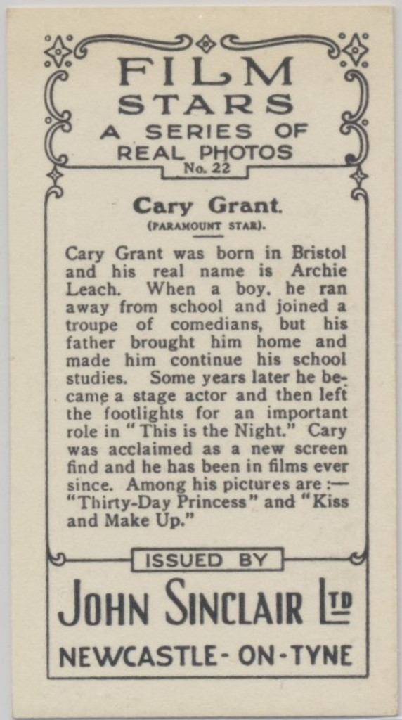 1934 Film Stars "A" Series John Sinclair New Castle #22/54 Gary Grant  #*
