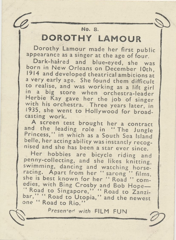 1948 Film Stars Film Fun Amalgamated Press FIF-6 Dorothy Lamour vg-ex  #*