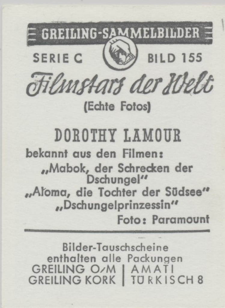 1930s Series C Film Stars Of The World #155/220 Germany Dorothy Lamour ex++  #*