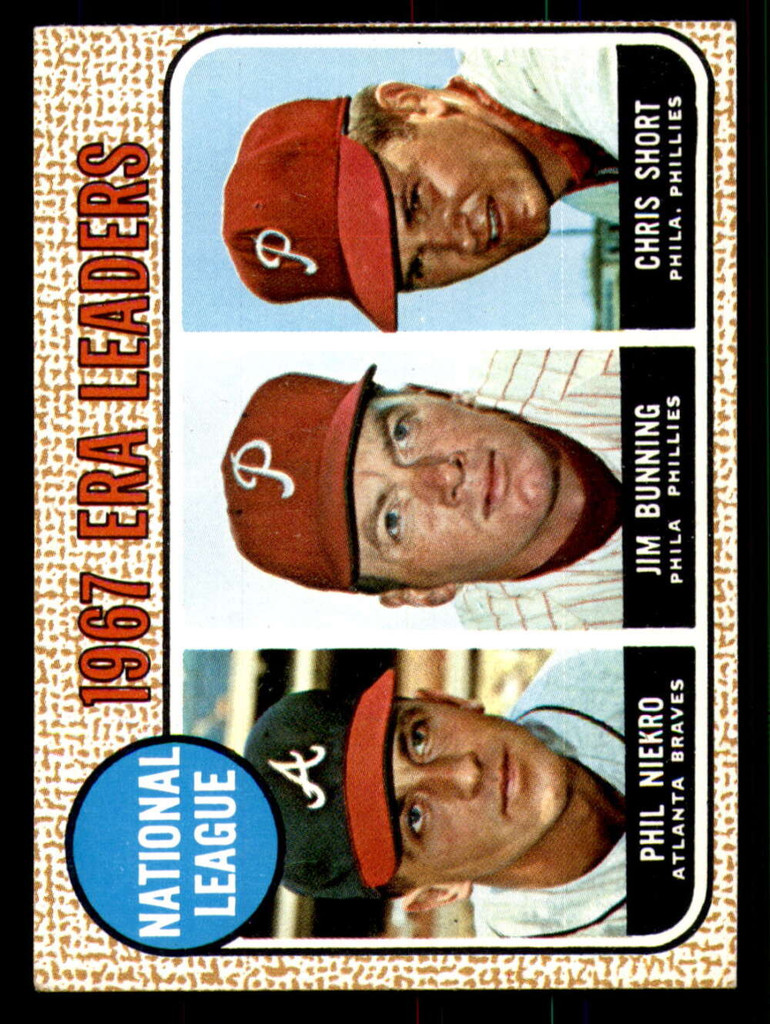 1968 Topps #7 Phil Niekro/Jim Bunning/Chris Short N.L. ERA Leaders Ex- ID:317041