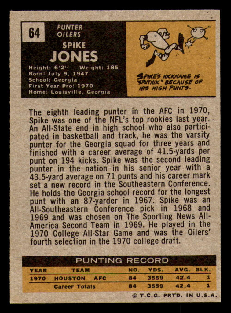 1971 Topps #64 Spike Jones Near Mint RC Rookie Oilers   ID:317217