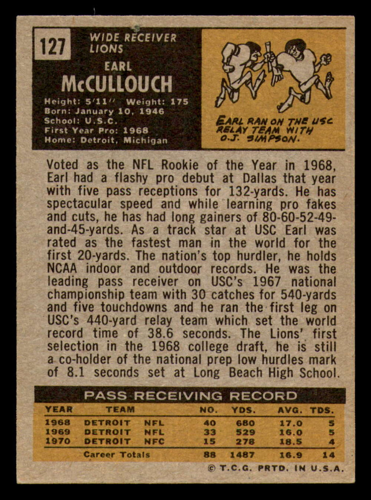 1971 Topps #127 Earl McCullouch Ex-Mint Lions   ID:317315