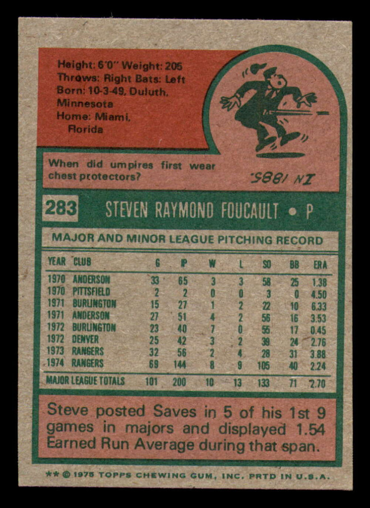 1975 Topps Mini #283 Steve Foucault Very Good Rangers    ID:317863