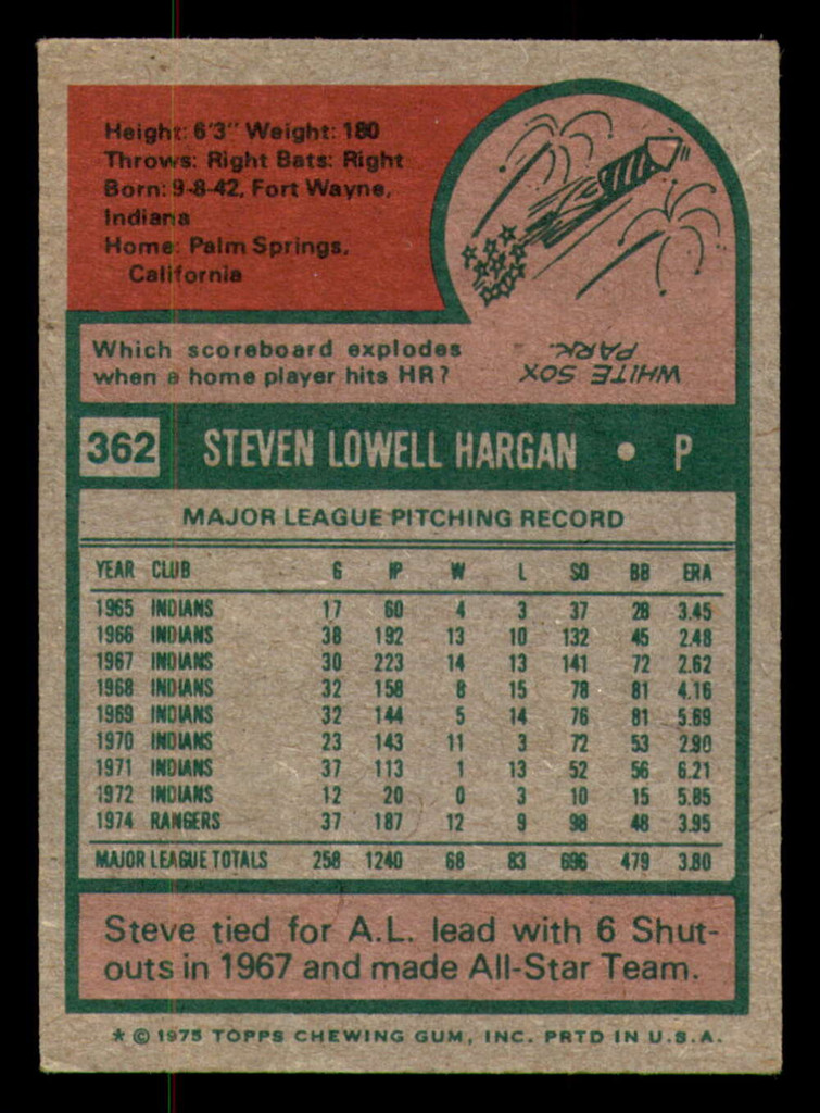 1975 Topps Mini #362 Steve Hargan Excellent+ Rangers    ID:317942