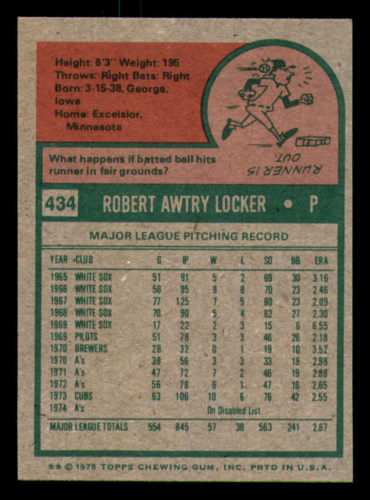 1975 Topps Mini #434 Bob Locker Ex-Mint Cubs  ID:318014