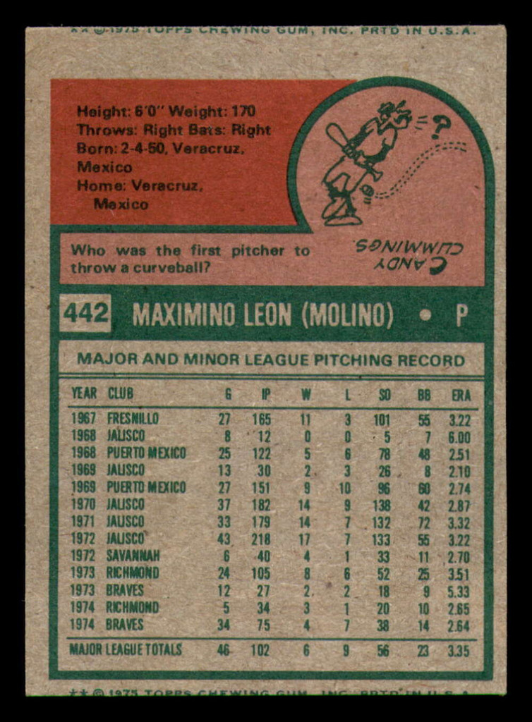 1975 Topps Mini #442 Maximino Leon Excellent+ RC Rookie Braves    ID:318022