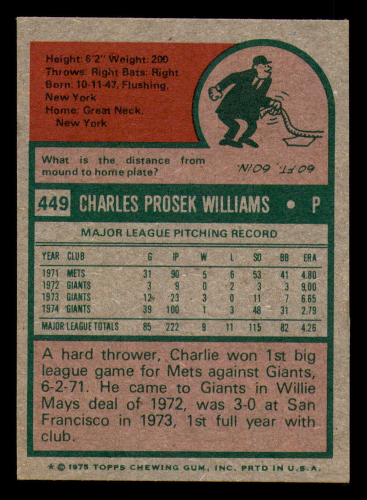 1975 Topps Mini #449 Charlie Williams Very Good Giants    ID:318029