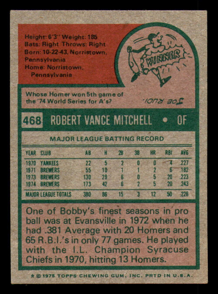 1975 Topps Mini #468 Bobby Mitchell Ex-Mint Brewers  ID:318048