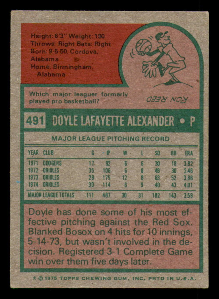 1975 Topps Mini #491 Doyle Alexander Excellent Orioles    ID:318071