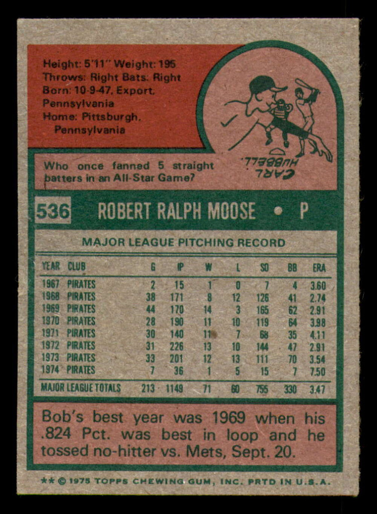 1975 Topps Mini #536 Bob Moose Ex-Mint Pirates  ID:318116