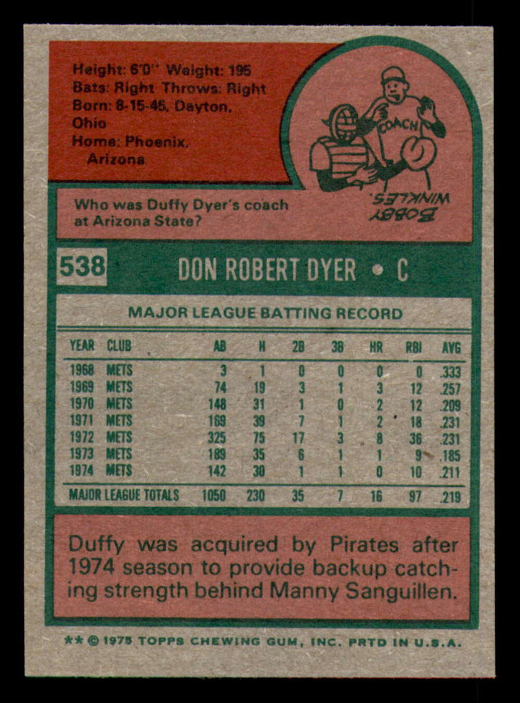 1975 Topps Mini #538 Duffy Dyer Excellent+ Pirates    ID:318118