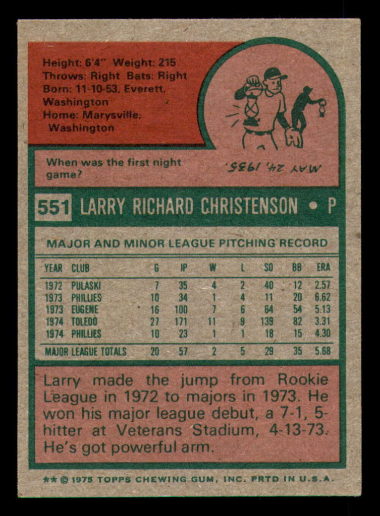 1975 Topps Mini #551 Larry Christenson Very Good Phillies    ID:318131
