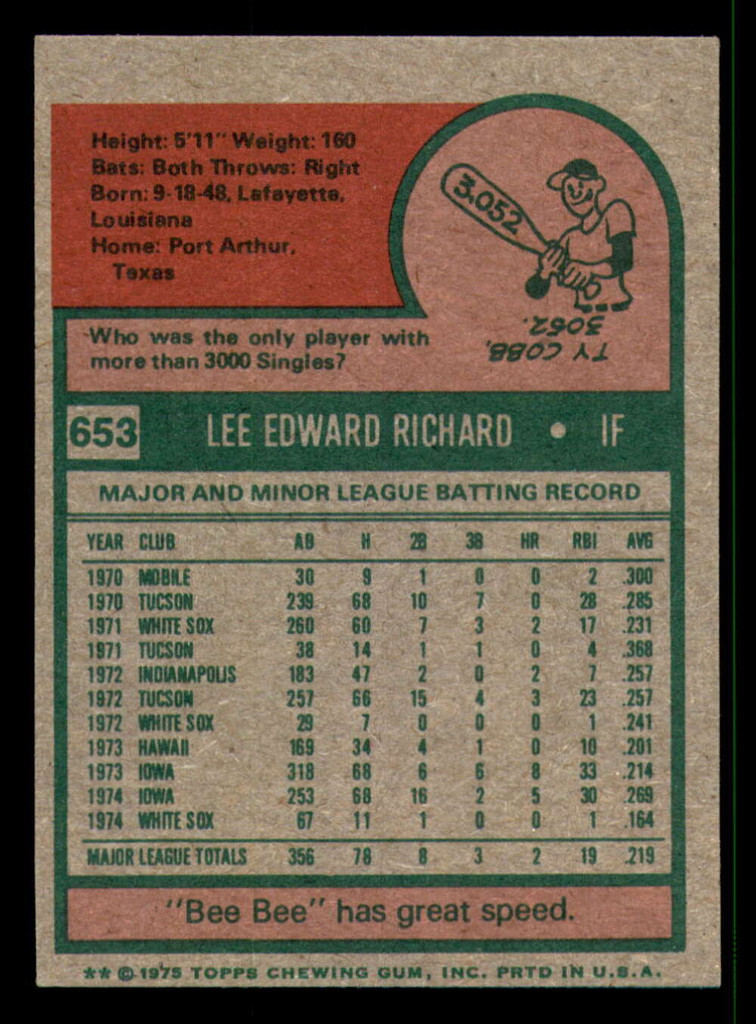 1975 Topps Mini #653 Lee Richard Ex-Mint White Sox  ID:318233