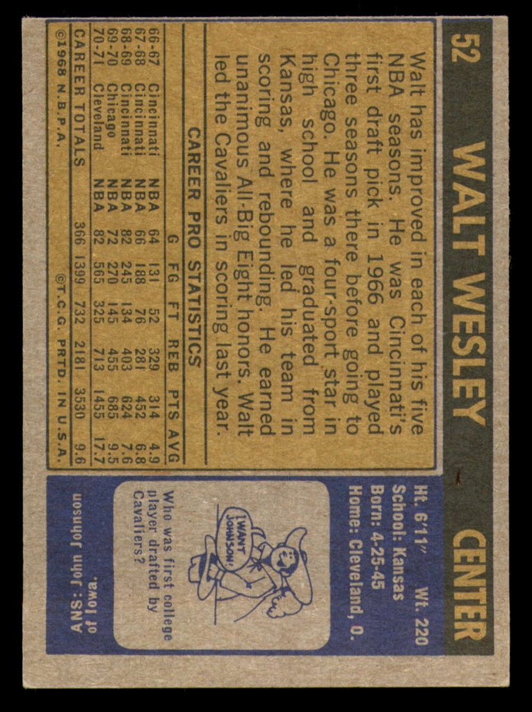 1971-72 Topps #52 Walt Wesley DP Near Mint Cavaliers DP    ID:318281