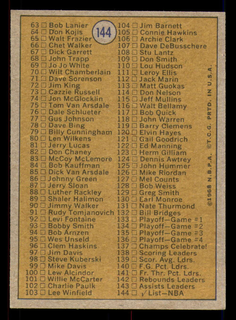 1971-72 Topps #144 NBA Checklist 1-144 ERR Ex-Mint ERR     ID:318359