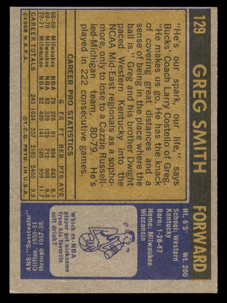 1971-72 Topps #129 Greg Smith DP Ex-Mint Bucks DP     ID: 318892