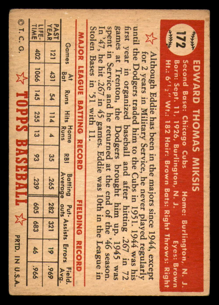 1952 Topps #172 Eddie Miksis Excellent 