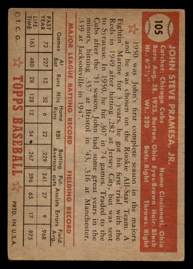 1952 Topps #105 Johnny Pramesa VG-EX 