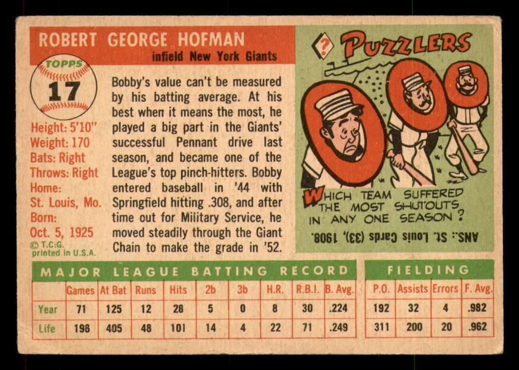 1955 Topps #17 Bobby Hofman Very Good  ID: 320757