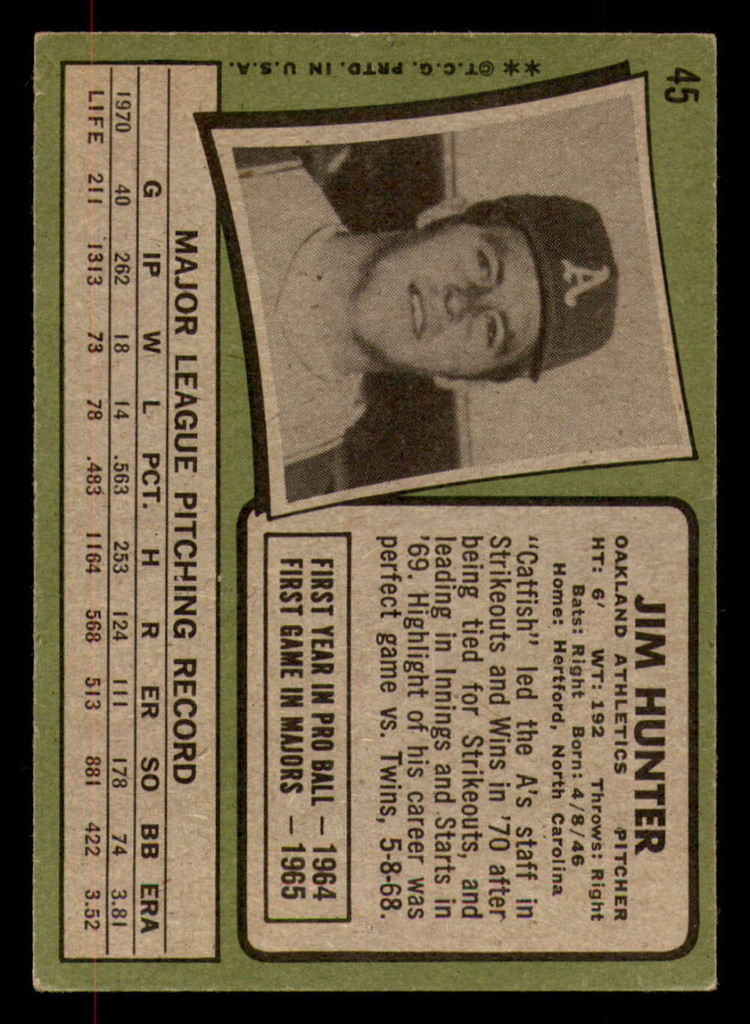 1971 Topps # 45 Jim Hunter Excellent+  ID: 320873