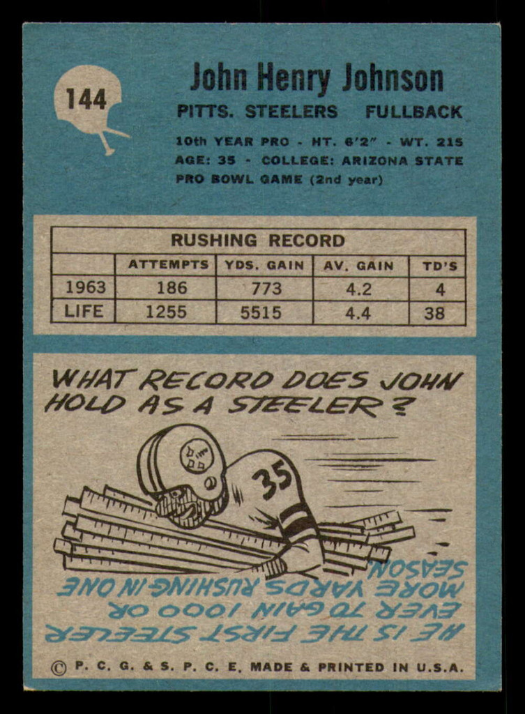 1964 Philadelphia #144 John Henry Johnson Ex-Mint  ID: 320986