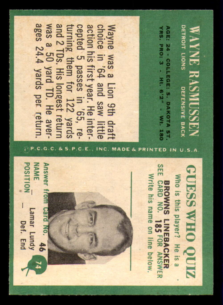 1966 Philadelphia #74 Wayne Rasmussen Ex-Mint Lions  ID:321649