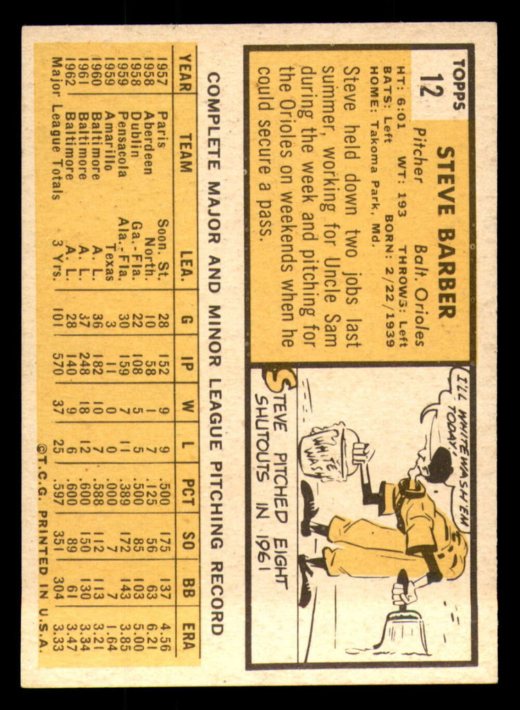 1963 Topps #12 Steve Barber Excellent+ Orioles   ID:321994