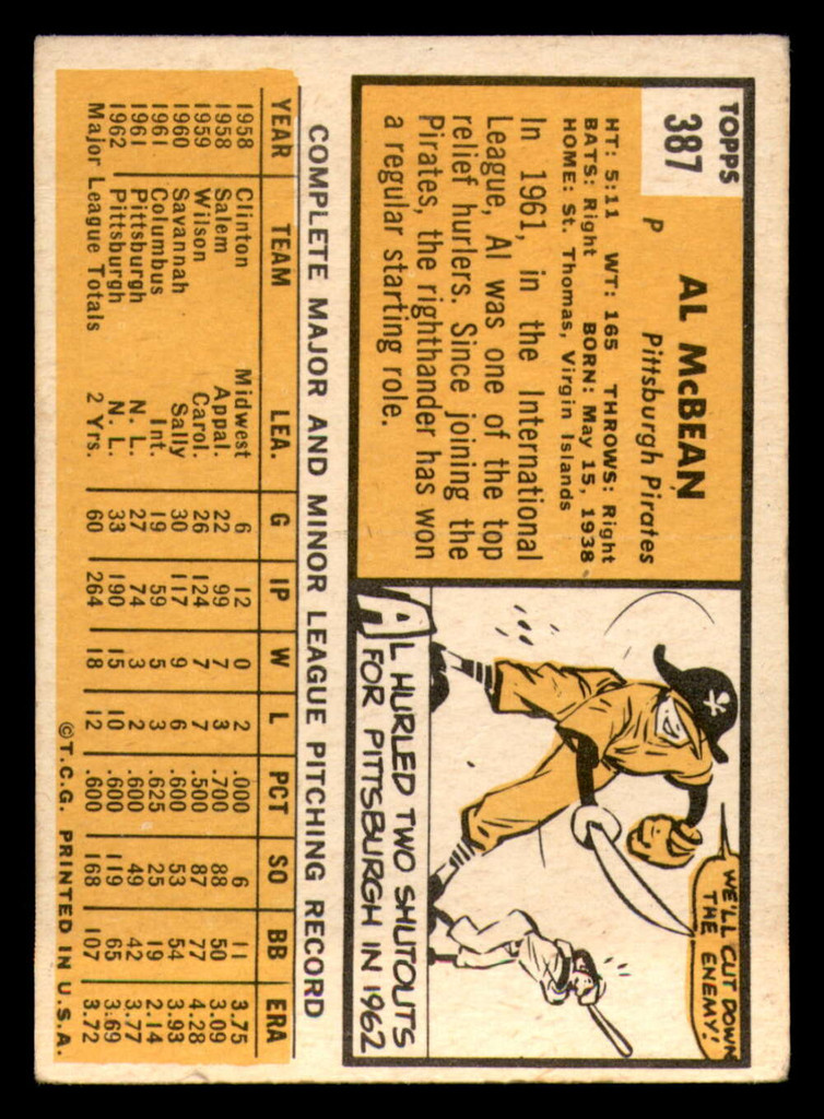 1963 Topps #387 Al McBean VG-EX Pirates    ID:322693