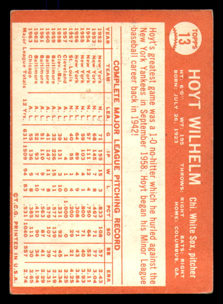 1964 Topps #13 Hoyt Wilhelm Excellent White Sox     ID:322910