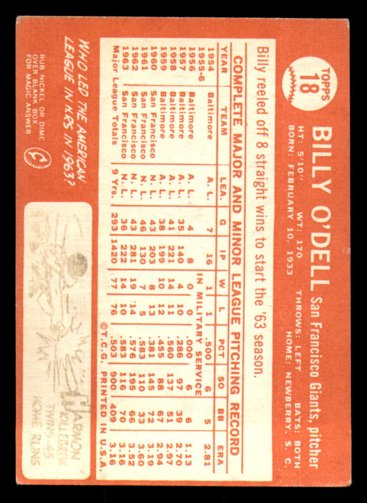 1964 Topps #18 Billy O'Dell Excellent Giants     ID:322923