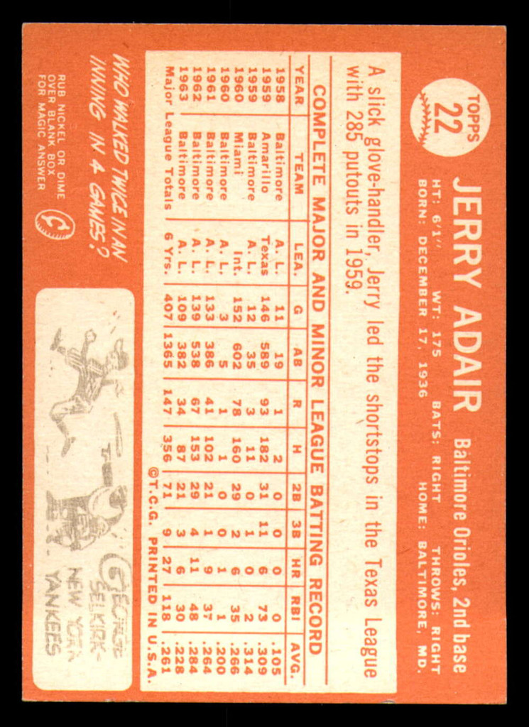1964 Topps #22 Jerry Adair Ex-Mint Orioles    ID:322932