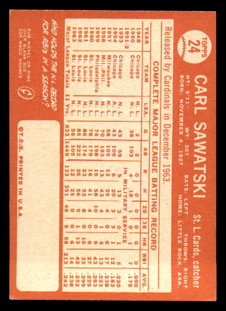 1964 Topps #24 Carl Sawatski Excellent+ Cardinals    ID:322940