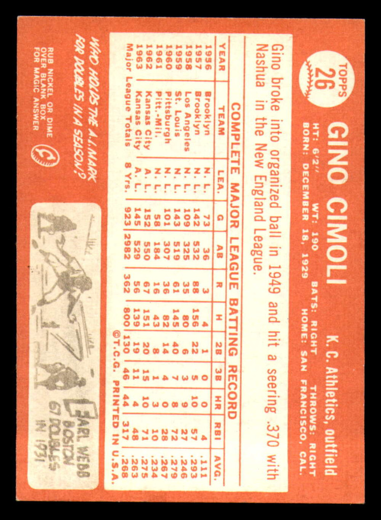 1964 Topps #26 Gino Cimoli Near Mint Athletics    ID:322944